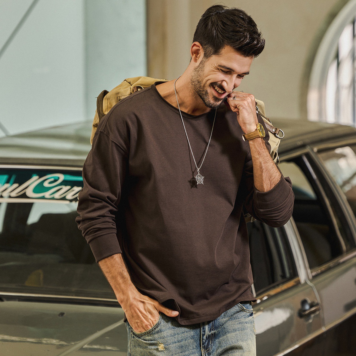 美式復古重磅270g【桃心領】長袖T恤男春季2026新款領打底衫