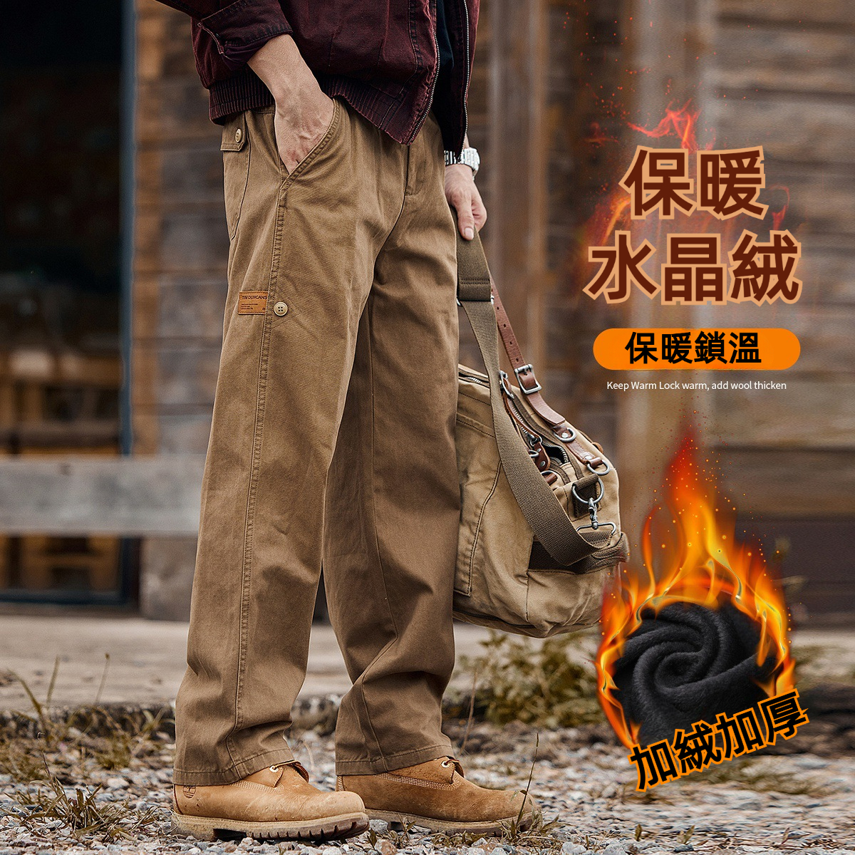 美式復古重磅加絨工裝褲子男款冬季加厚潮牌男褲寬鬆直筒休閒長褲