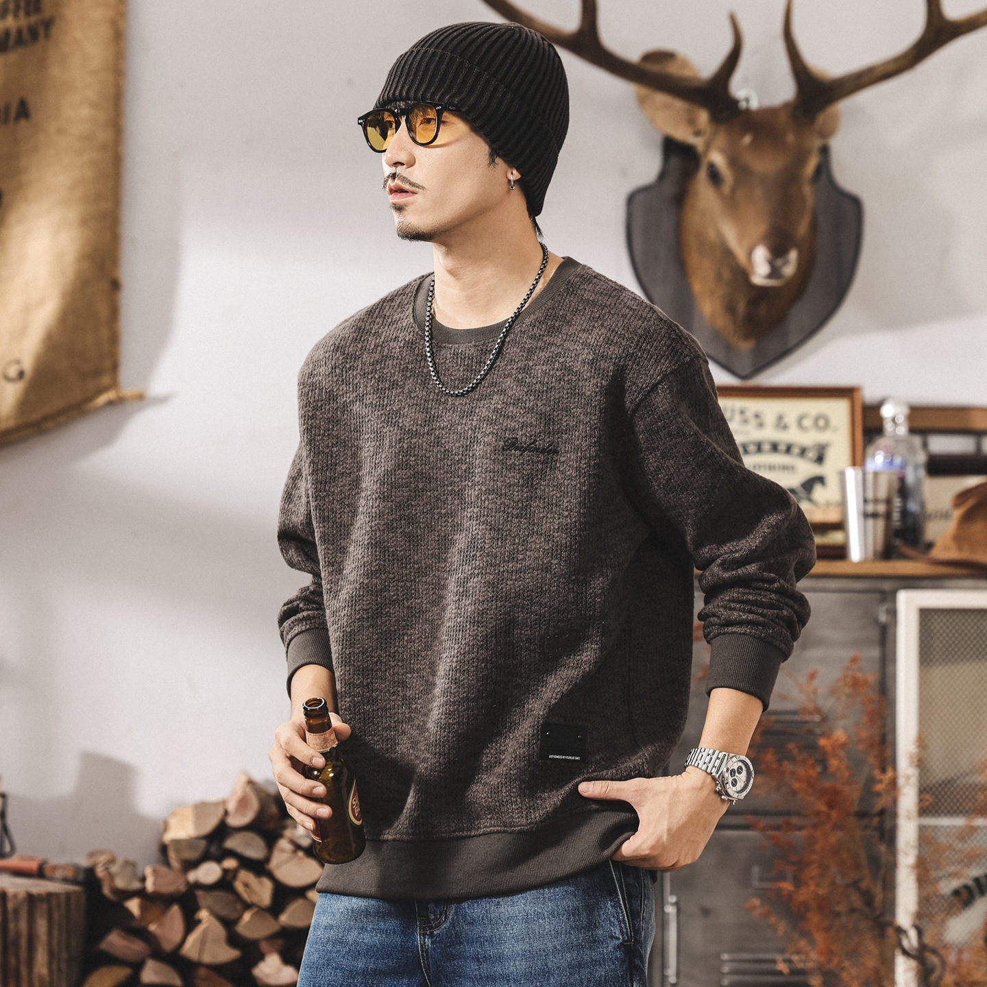 美式復古320g重磅加厚衛衣男冬季新款粗針混色毛線針織衫寬鬆毛衣