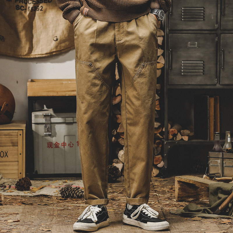 美式重磅工裝褲子男寬鬆直筒休閒褲秋冬款潮流水洗做舊雙膝伐木褲