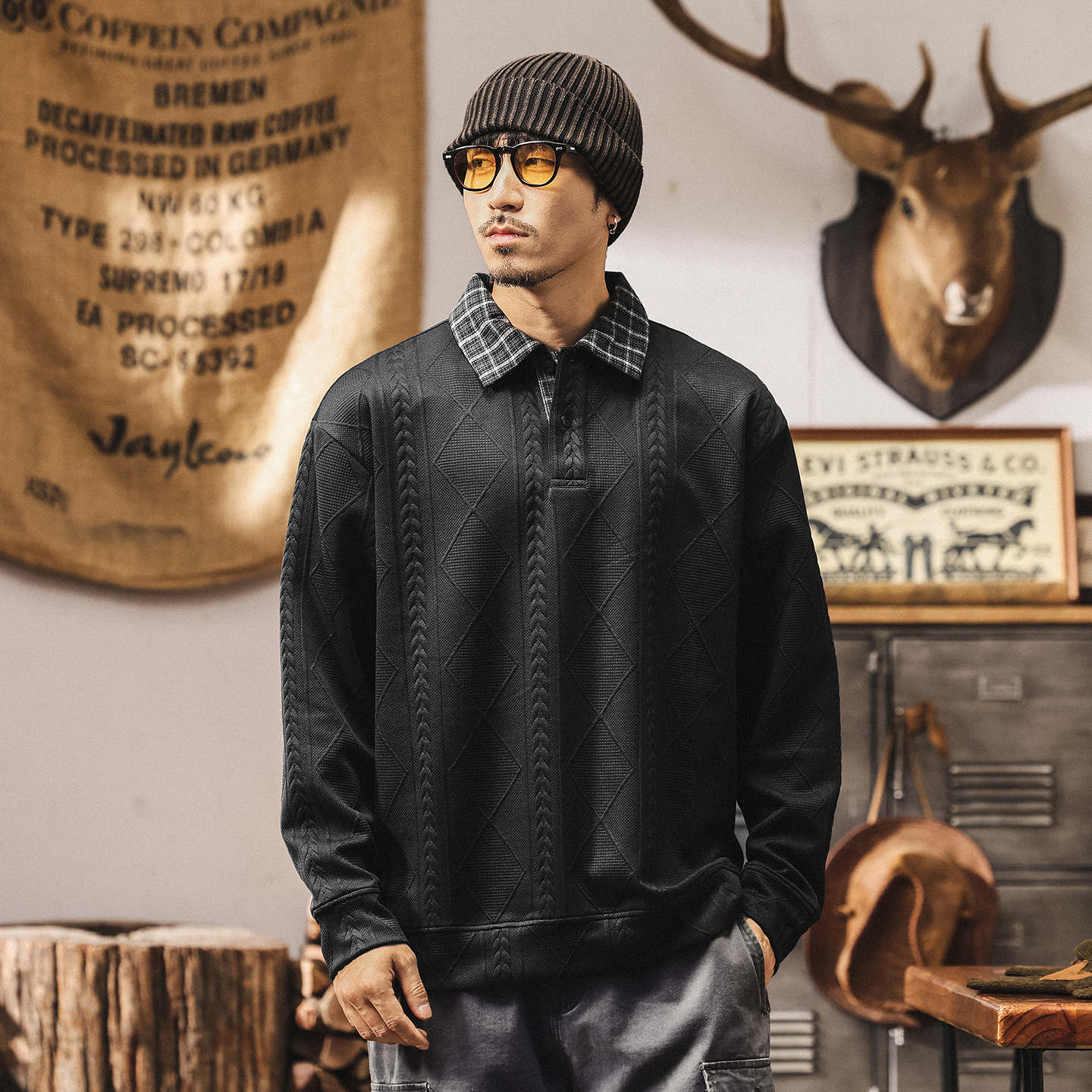 美式復古假兩件重磅衛衣男春秋2025新款寬鬆針織提花男士Polo衫潮