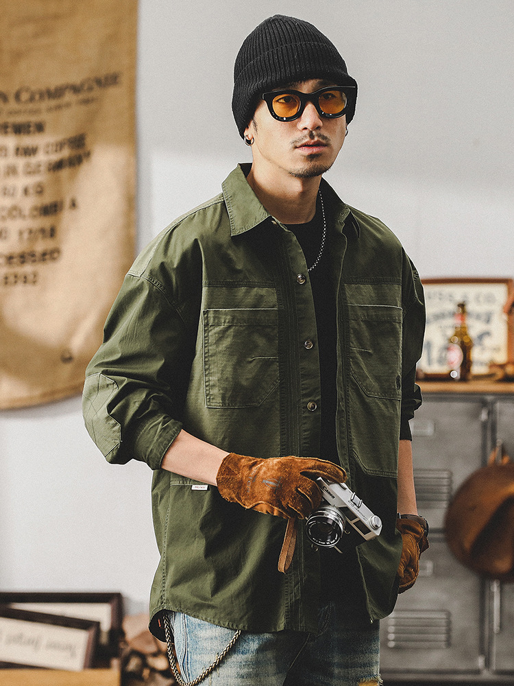 傑雷諾美式複古拼接工裝襯衫男秋季潮牌寬松休閑襯衣長袖男款外套