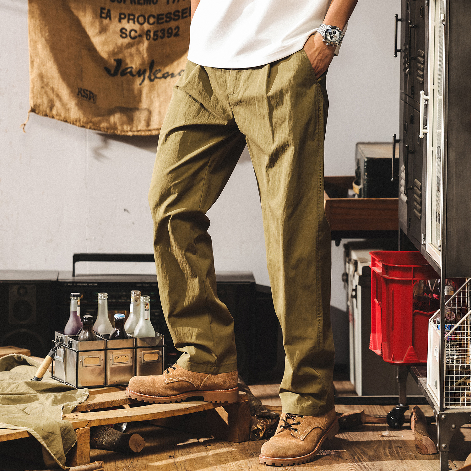 美式復古軍綠色褲子男款夏季薄款速幹工裝褲寬鬆直筒男士休閒長褲