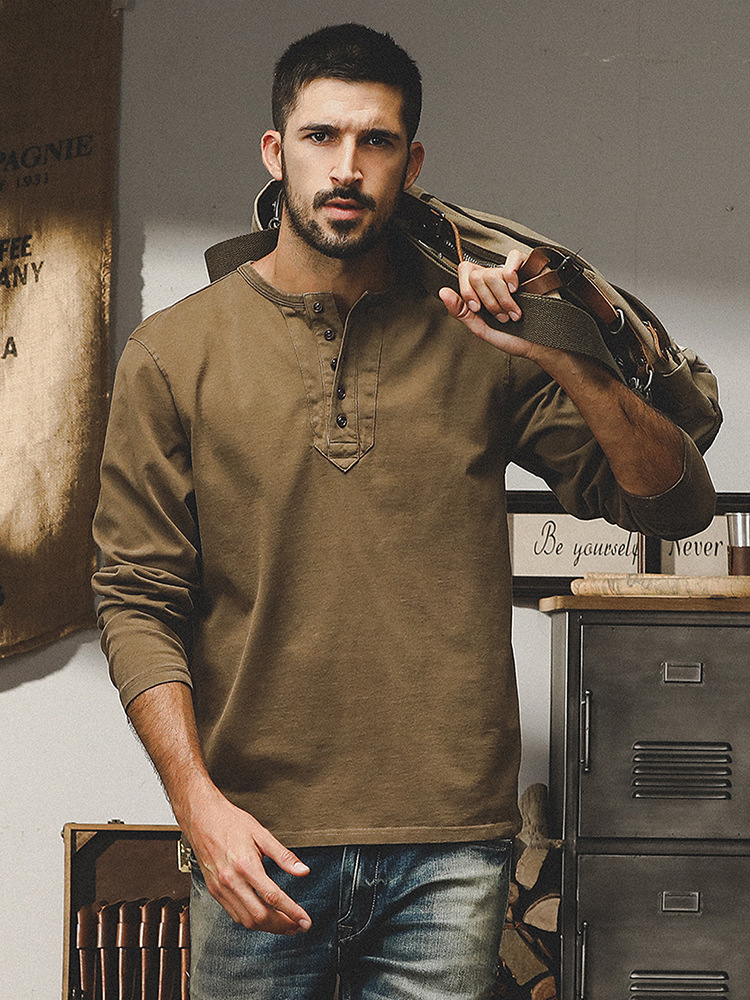 美式重磅復古長袖T恤男春秋款2024年新款潮牌水洗做舊硬漢亨利杉