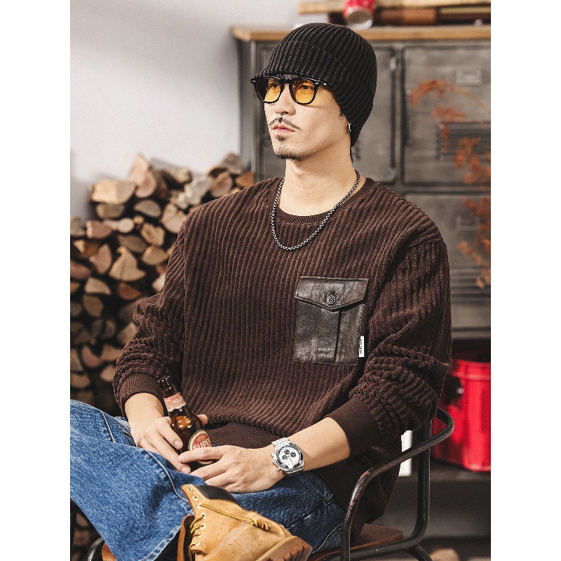 美式復古重磅燈芯絨男士衛衣春秋新款潮流條絨寬鬆大碼男裝秋上衣