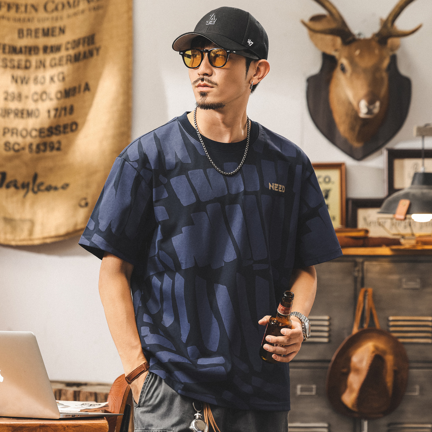 美式潮流短袖t恤男夏季2025新款寬鬆潮牌滿印半袖體恤男士上衣潮T