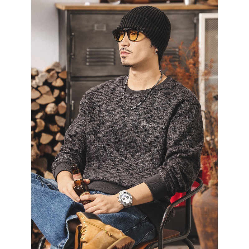 美式復古粗線混色針織衛衣男秋季新款潮牌重磅長袖T恤男春秋上衣