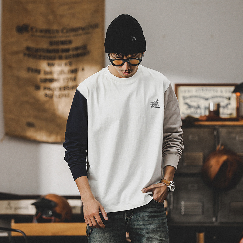 設計款痞帥重磅T恤男長袖撞色2024新款潮牌衣服男士春季上衣