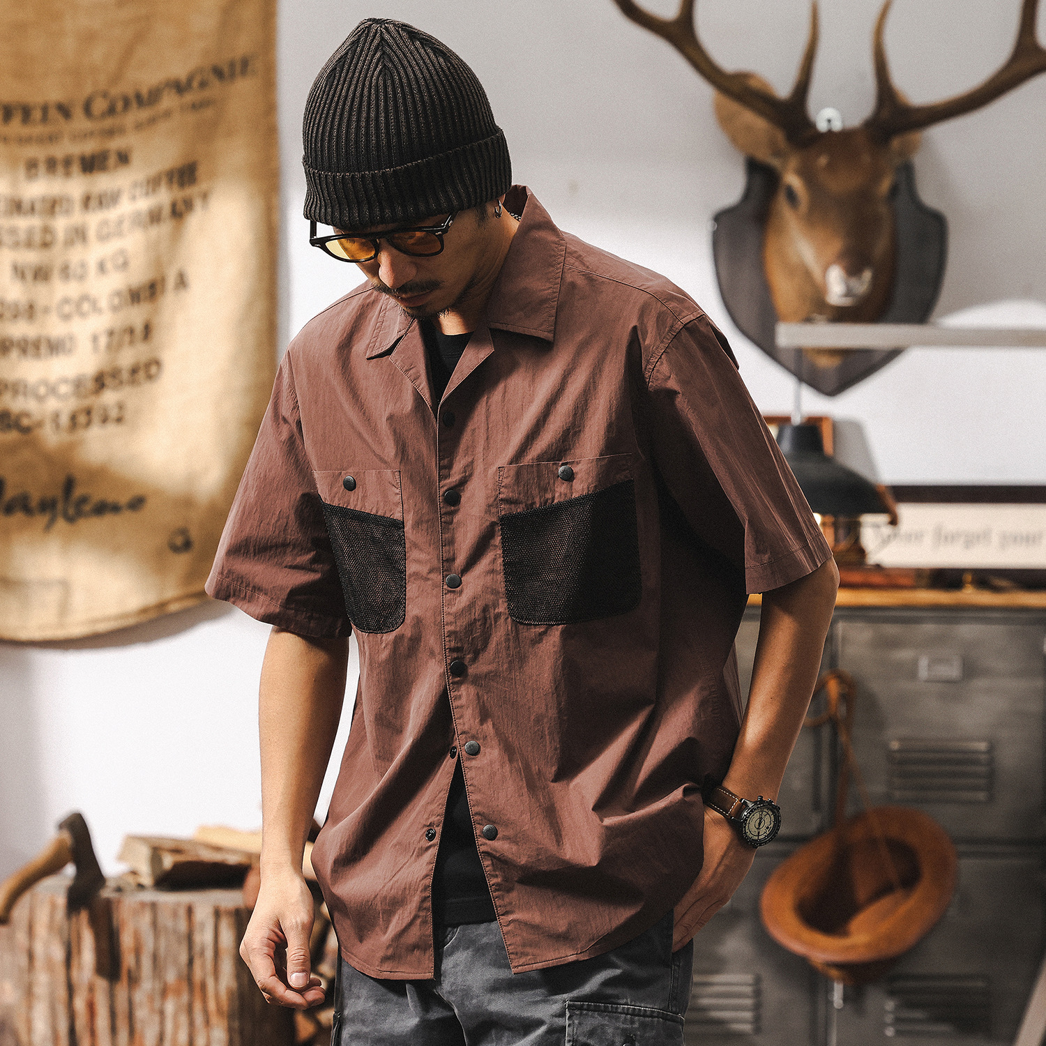 戶外輕量化古巴領襯衫男短袖夏季美式復古山系工裝風休閒男士襯衣