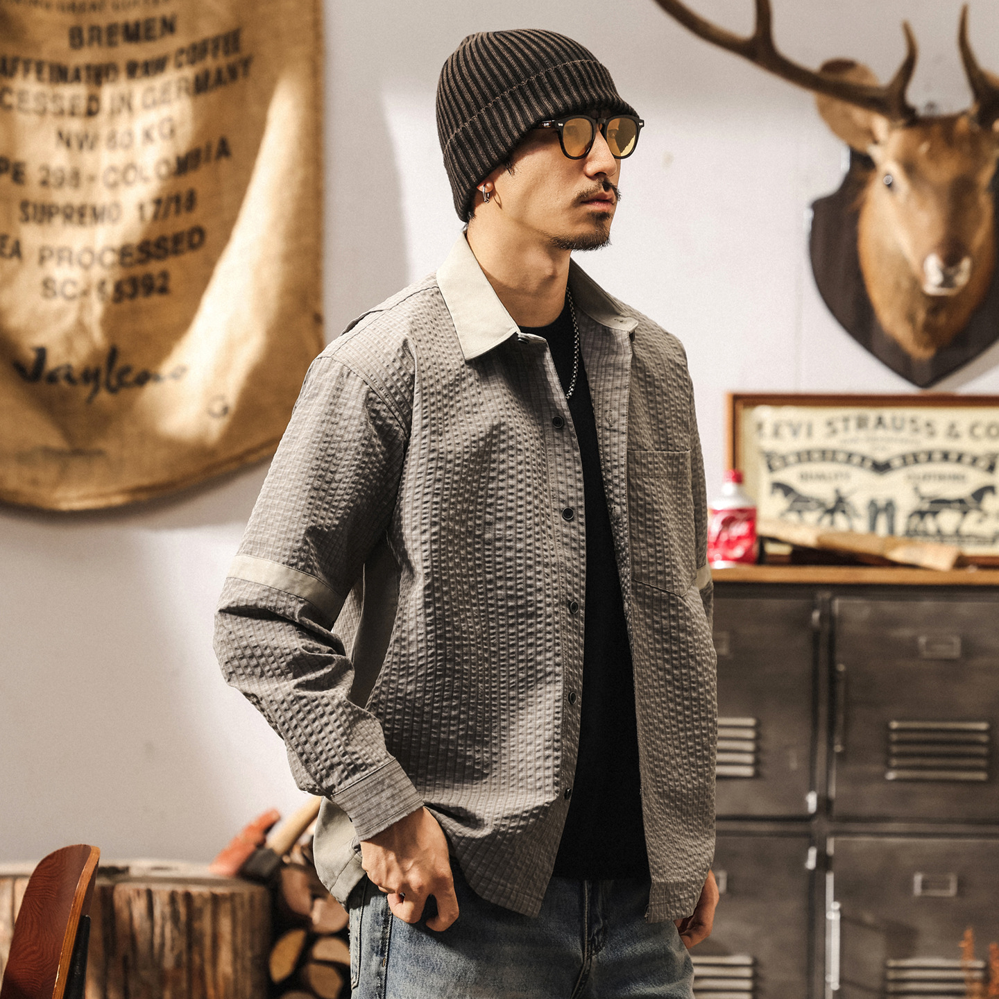 美式復古空氣層蓬鬆感襯衫外套男春秋潮牌拼接寬鬆立體格子襯衣男