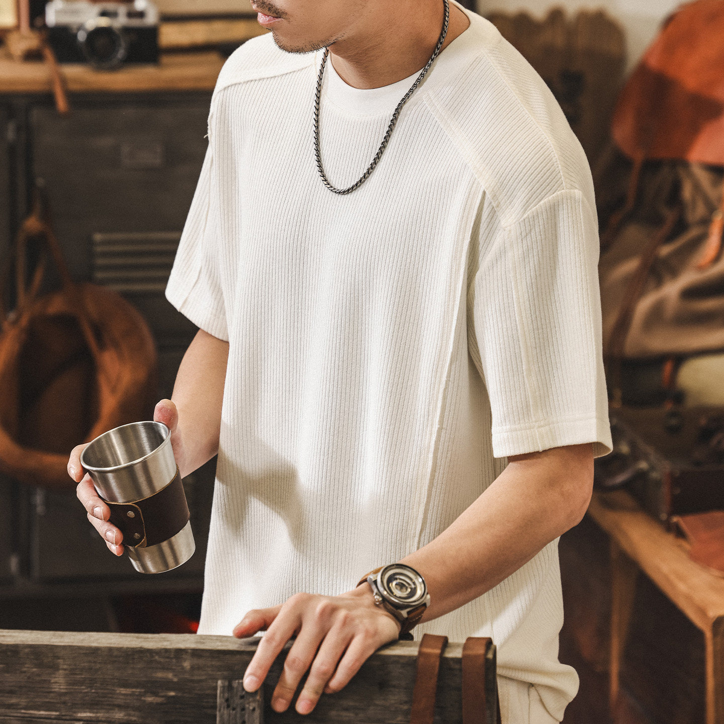 美式復古針織條紋短袖T恤男士夏季新款簡約潮牌肌理寬鬆男士上衣