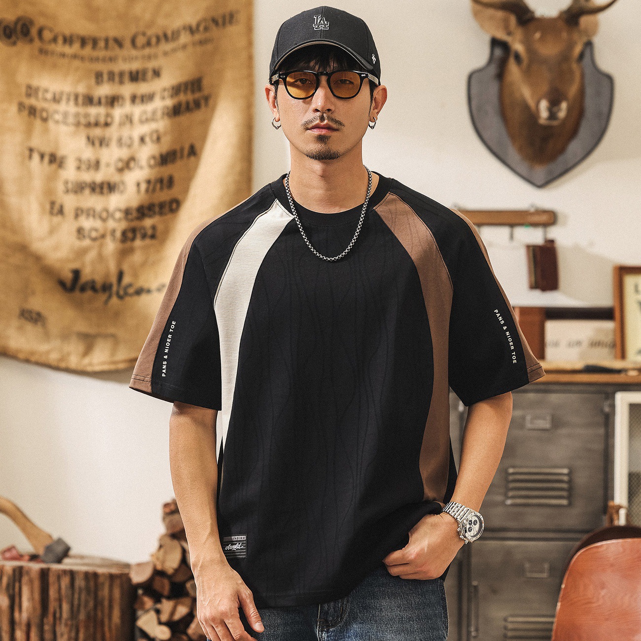 美式復古重磅撞色拼接短袖男T恤夏季潮牌寬鬆酒紅色男裝上衣