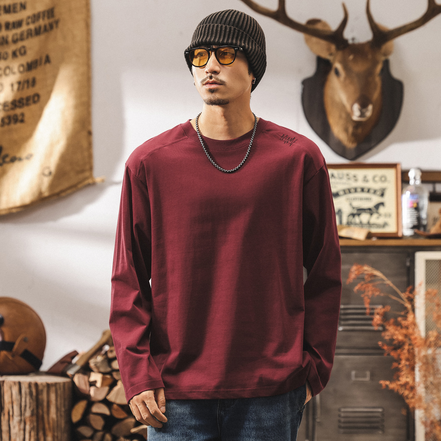 美式復古230g重磅t恤男長袖秋季新款簡約寬鬆休閒棗紅色男裝上衣T