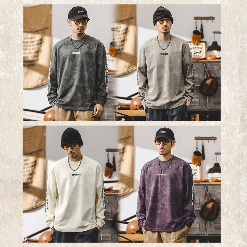 美式複古長袖T恤男春秋季做舊印花上衣T潮牌寬松休閑衣服男款潮流