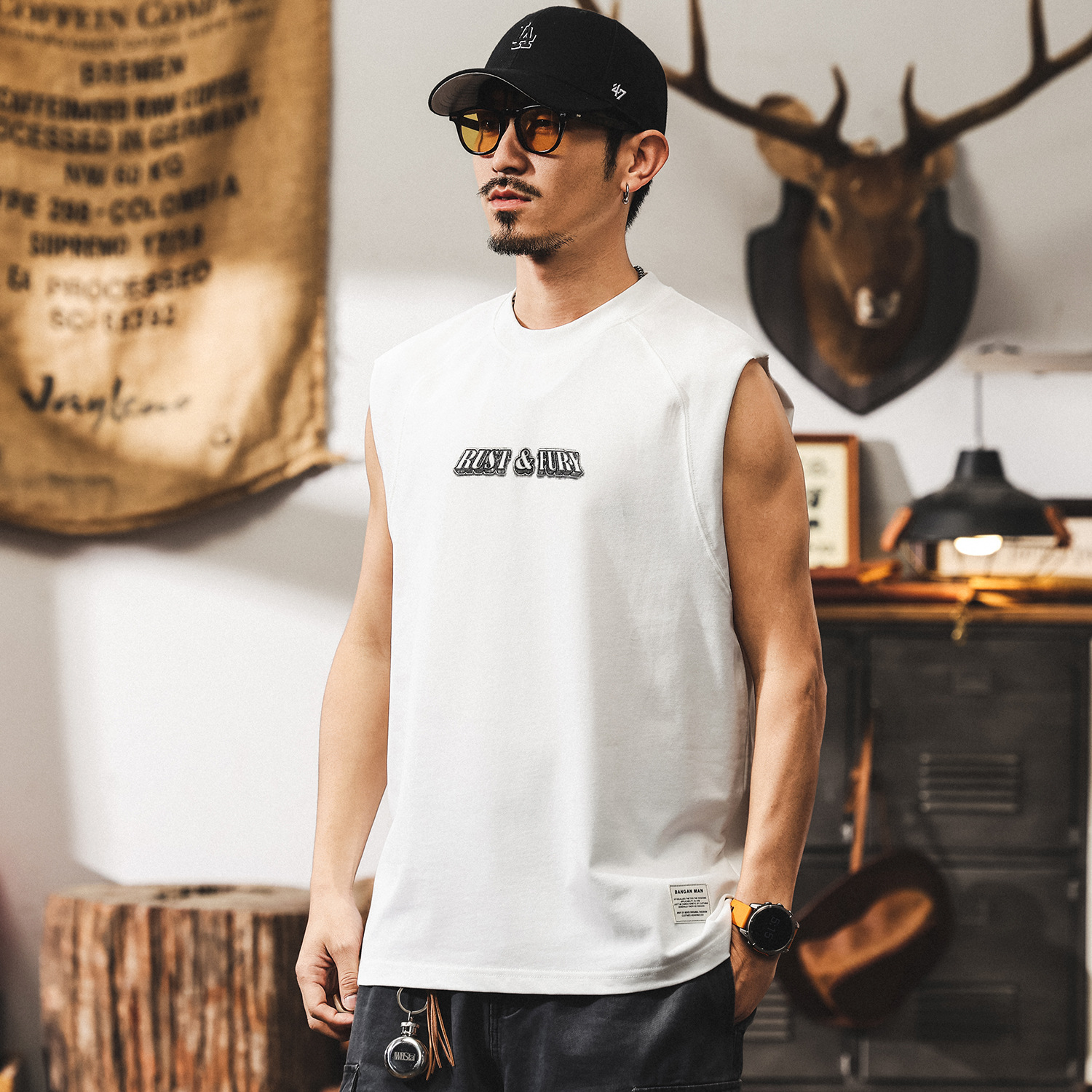 美式復古運動健身背心男款夏季寬鬆無袖男T恤潮牌坎肩上衣男