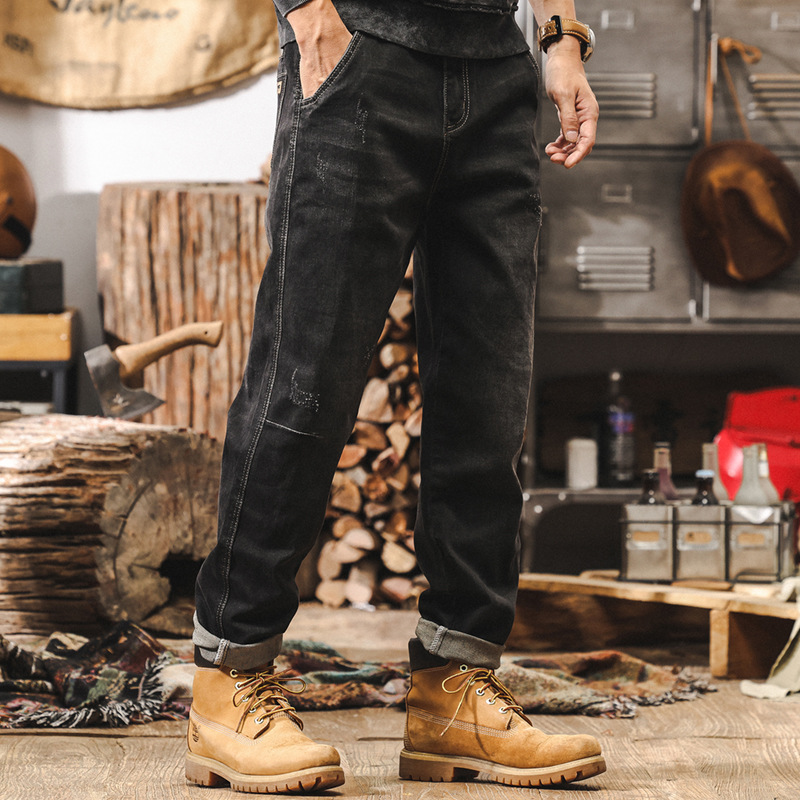 美式復古經典黑色牛仔褲男2024新款潮流寬鬆直筒休閒男士秋冬褲子