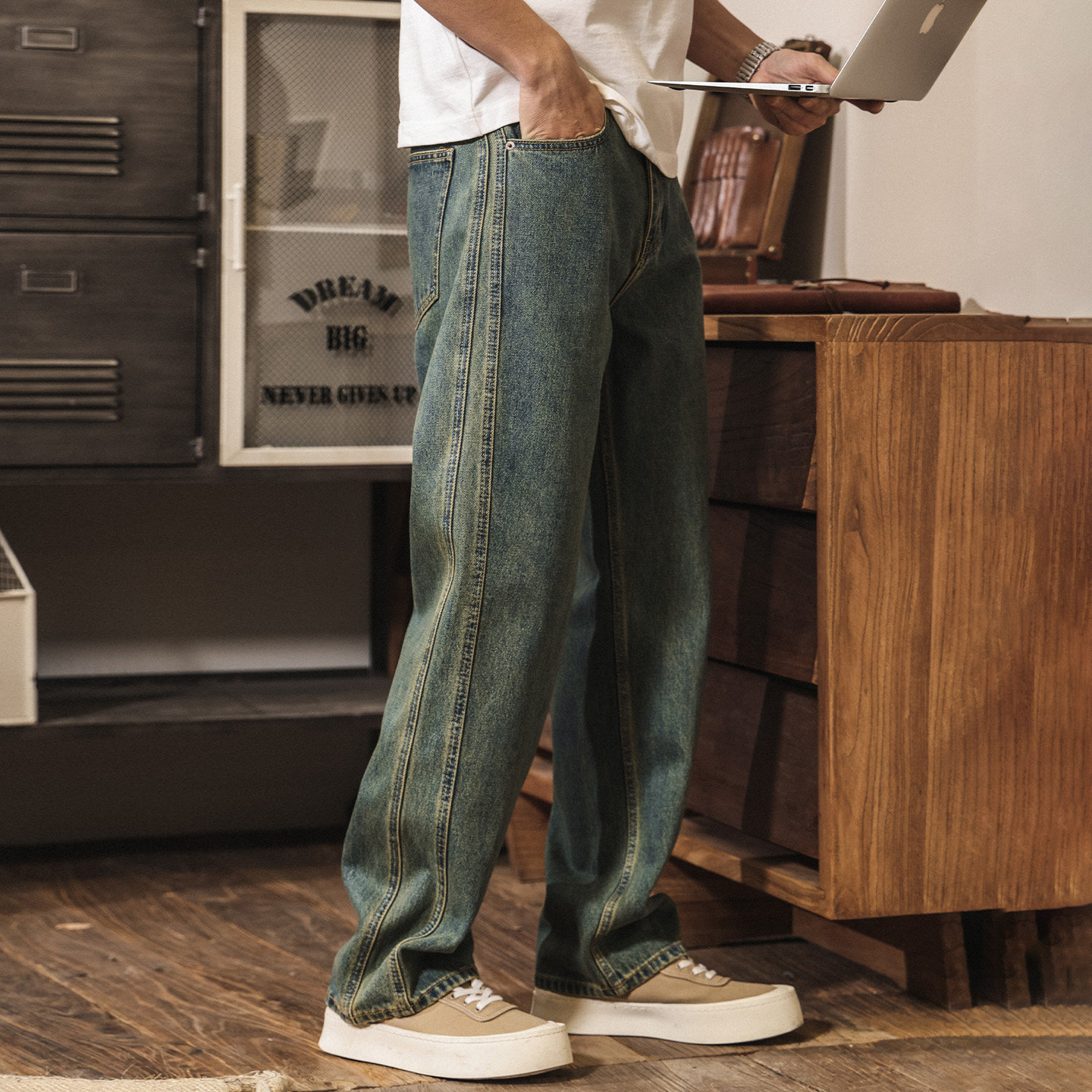 美式復古水洗做舊牛仔褲男直筒潮牌2026新款春季水洗寬鬆休閒褲男