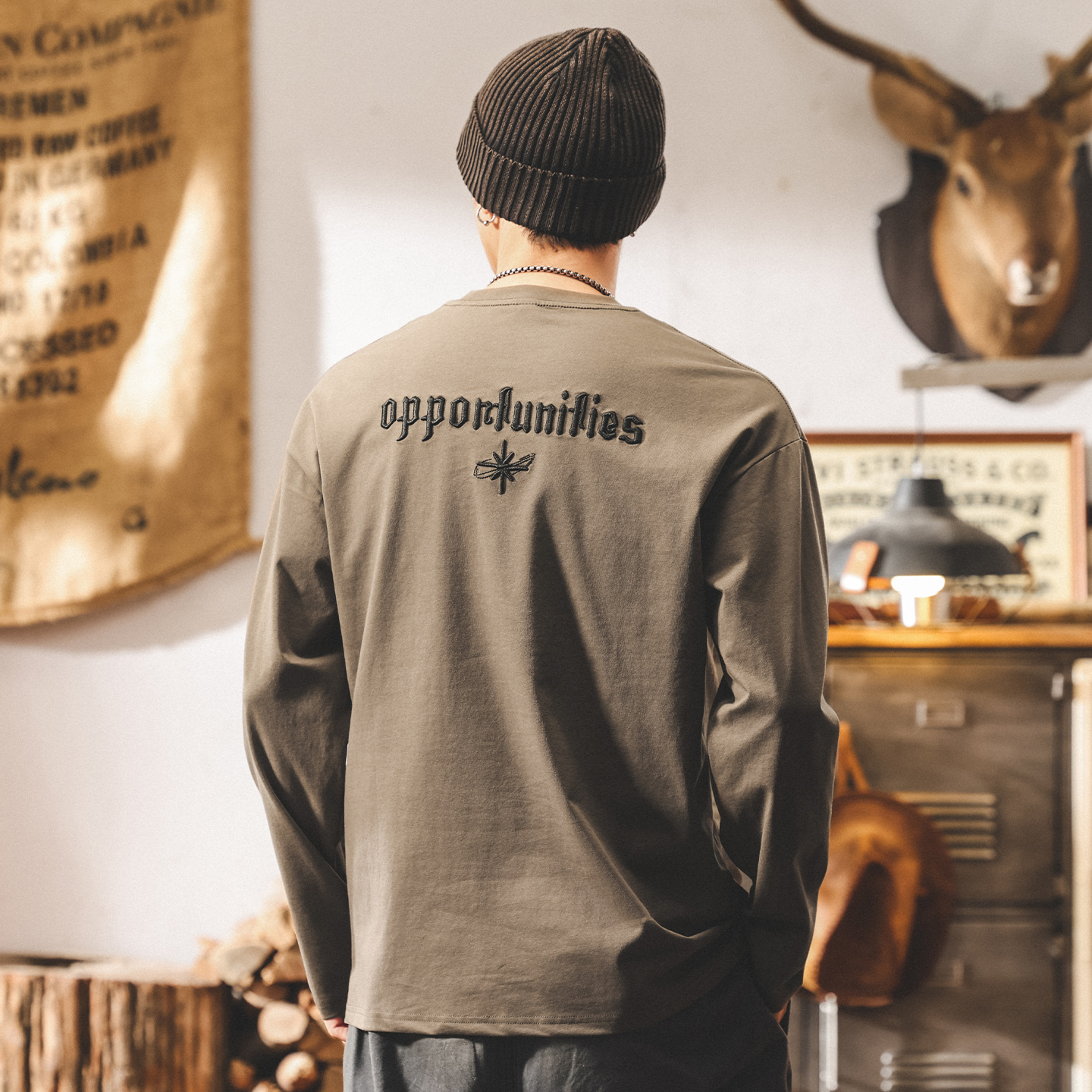 美式復古長袖t恤男秋季2025新款刺繡潮牌寬鬆大碼休閒男士上衣潮T