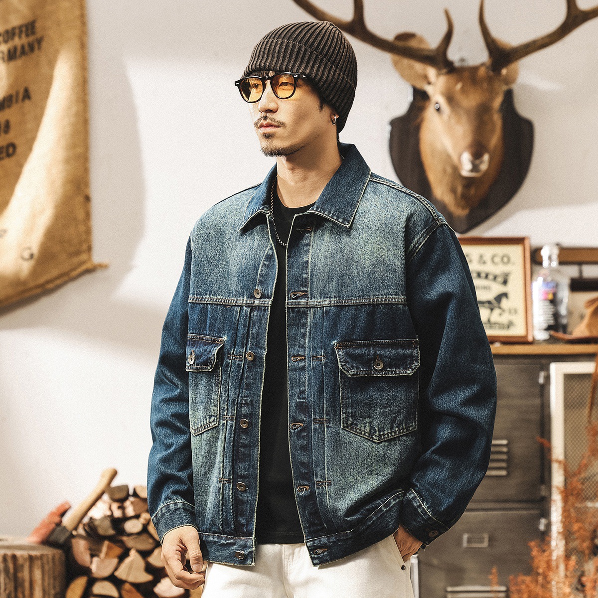 美式復古重磅水洗牛仔外套男秋春新款潮牌阿美咔嘰寬鬆工裝夾克男