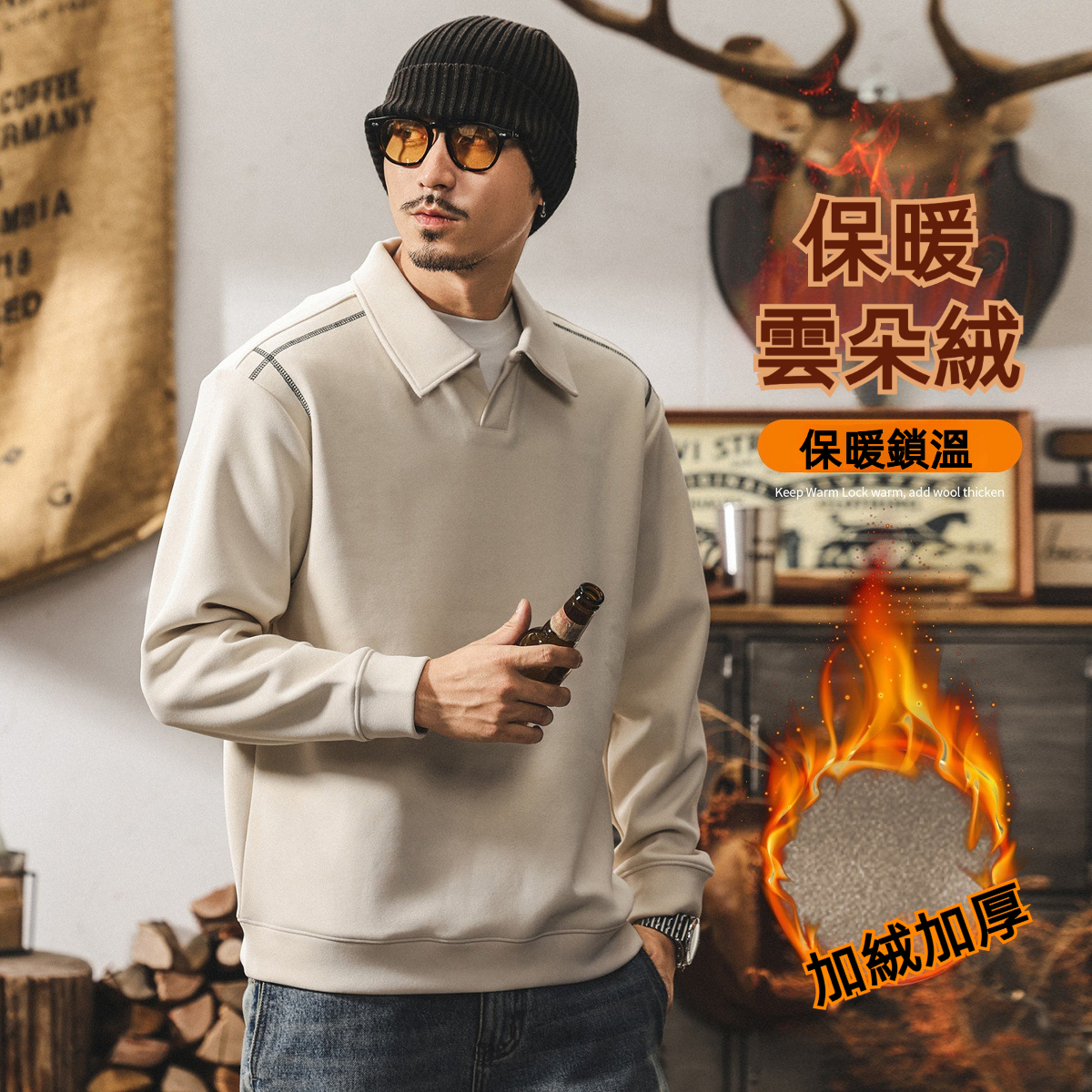 美式復古400g重磅加絨Polo衫男士衛衣冬季加厚潮流寬鬆保暖上衣男