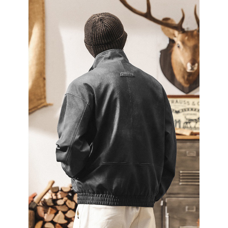 美式復古啞光做舊皮衣外套男春秋新款寬鬆潮流痞帥機車服皮夾克男
