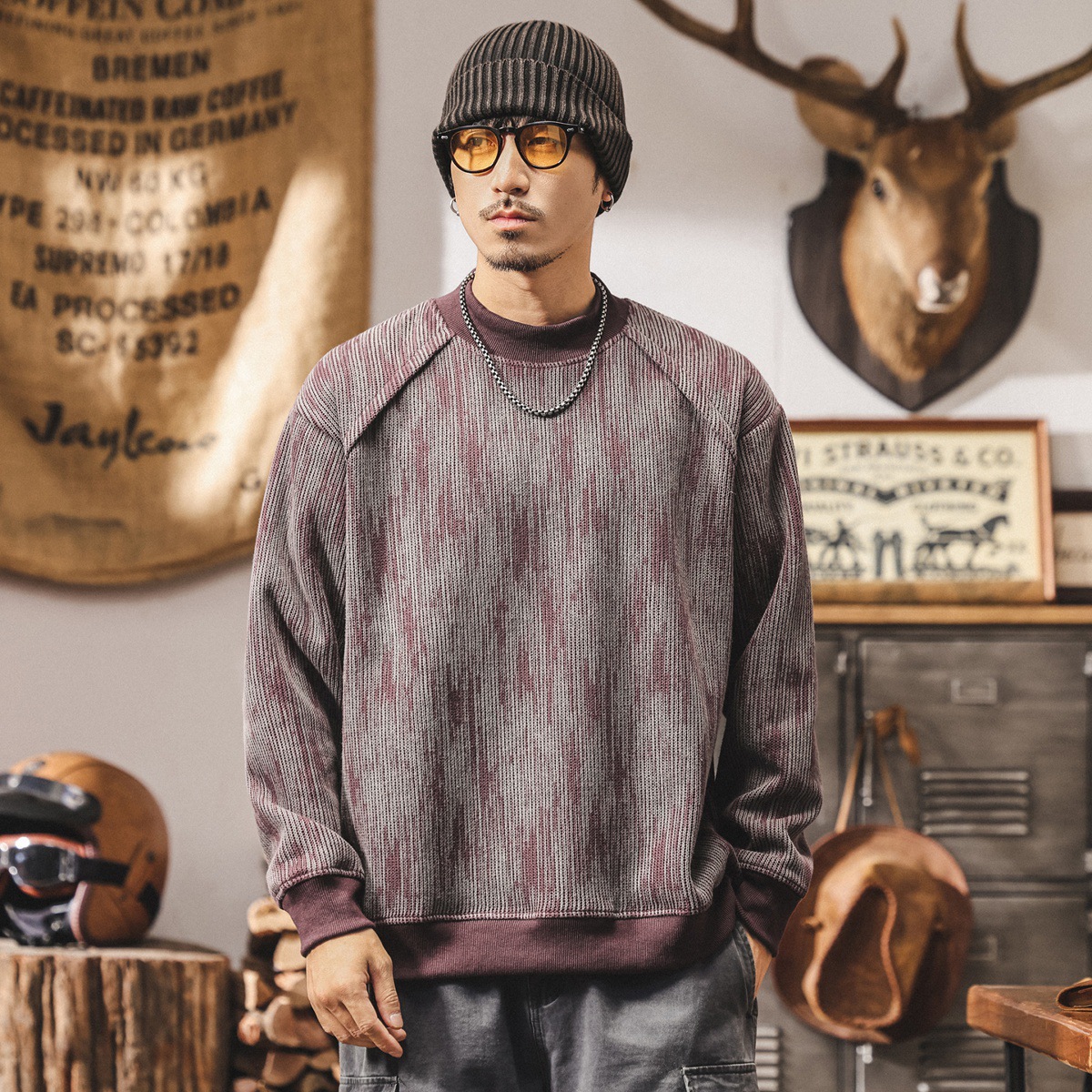 美式重磅圓領衛衣男寬鬆秋冬潮牌定織廢土風復古針織衫外套男秋季