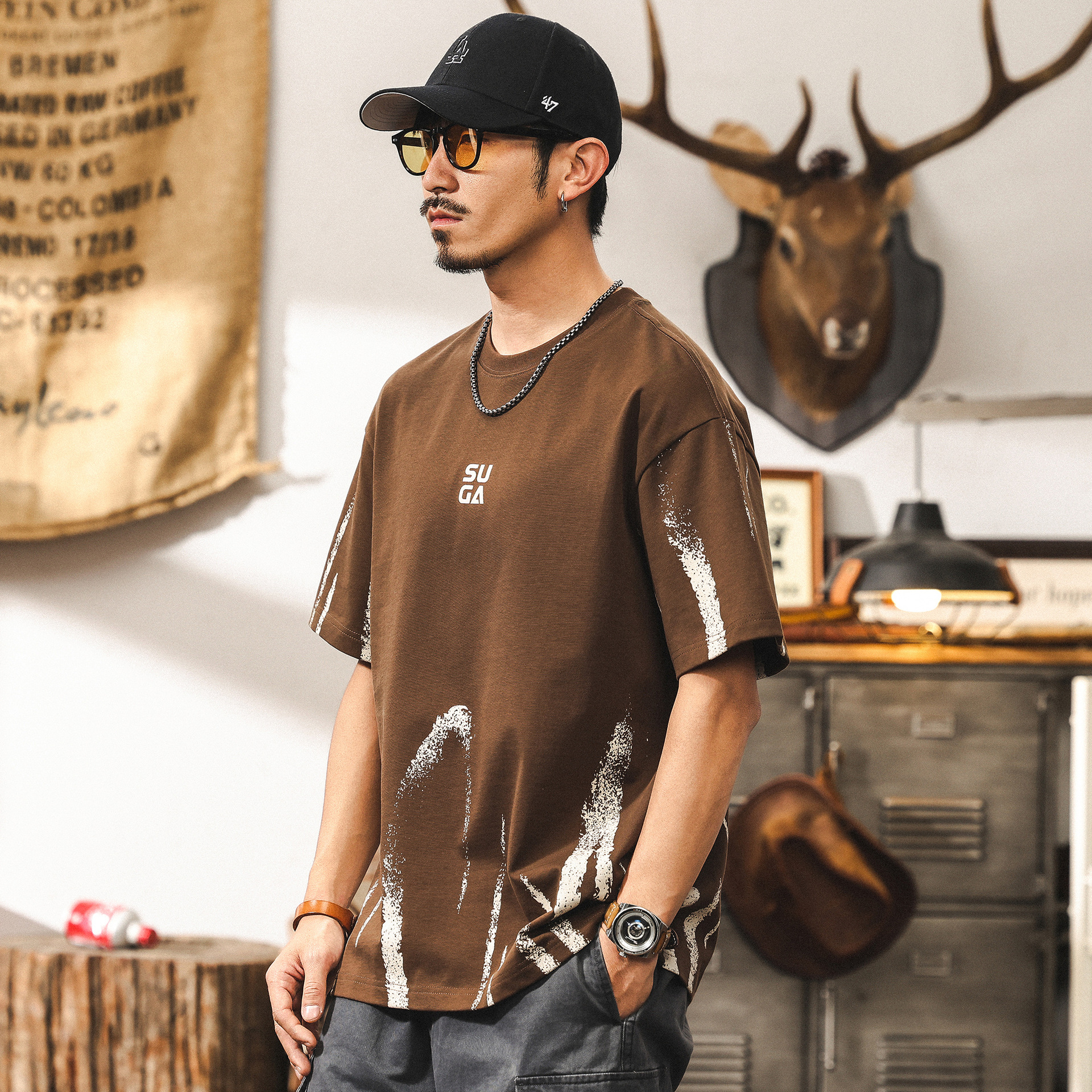 美式復古重磅T恤男夏季短袖男潮牌立體塗鴉印花寬鬆男士上衣