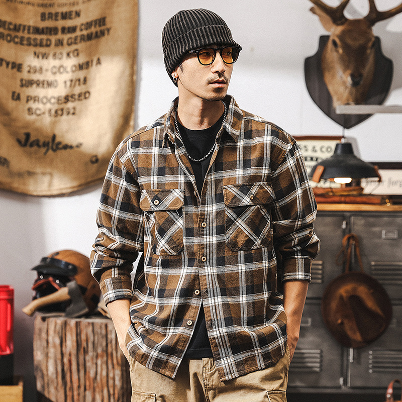 美式復古磨毛格子襯衫男長袖春秋季2025新款潮牌寬鬆休閒襯衣外套