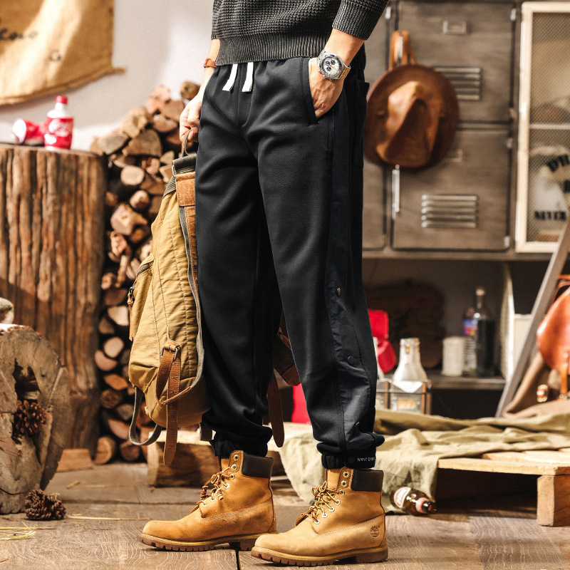 美式復古藏青色衛褲男秋季2025新款拼接設計感寬鬆束腳男士休閒褲