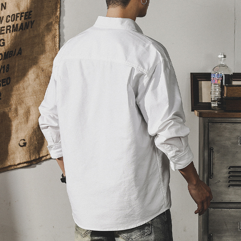 杰雷諾美式工裝簡約白色襯衫男長袖日系寬鬆潮牌襯衣外套男春秋款