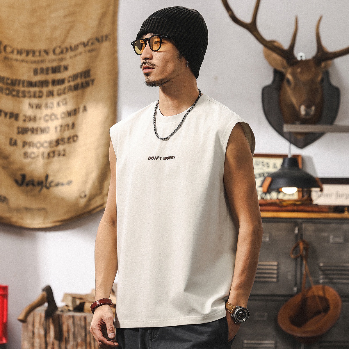 涼感防曬新疆長絨棉美式親膚運動背心男寬鬆夏季坎肩無袖重磅T恤