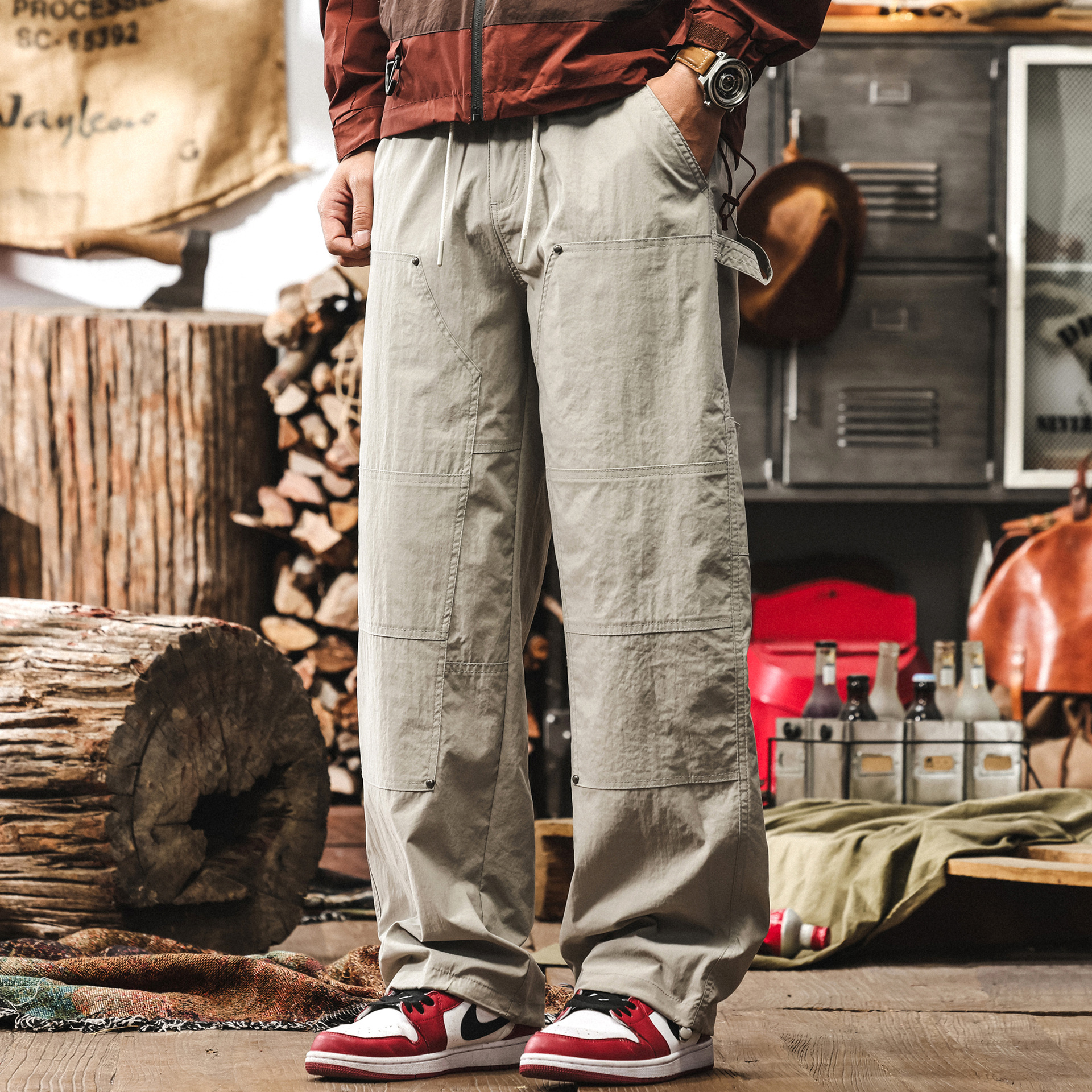 美式復古戶外工裝夏季薄款褲子男寬鬆闊腿褲淺灰色男士休閒伐木褲