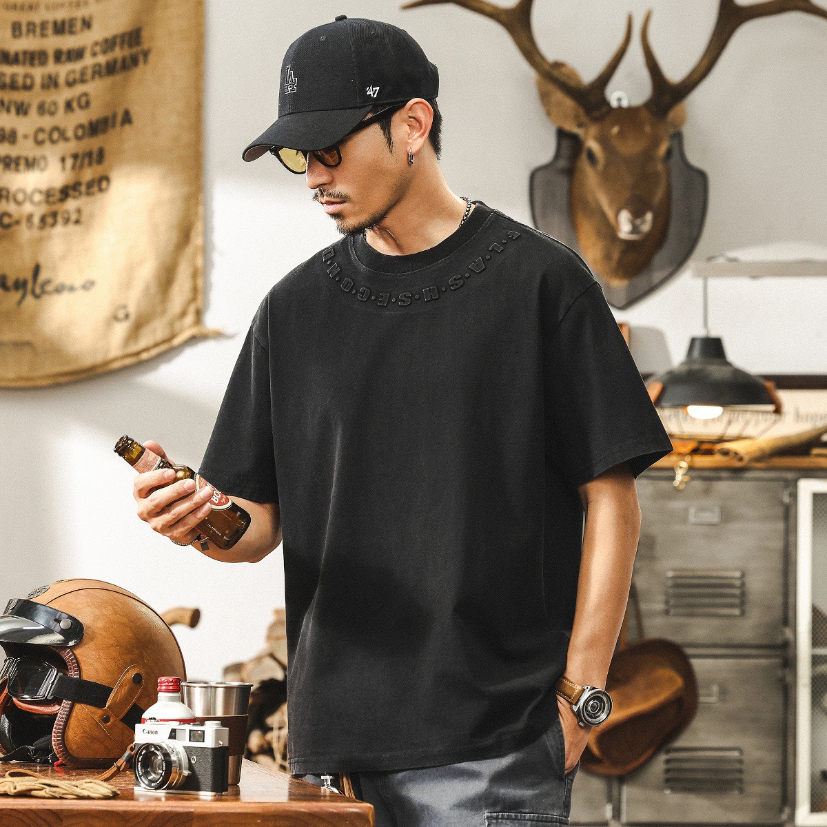 美式復古260g重磅T恤男夏季短袖2025新款潮流立體鋼印寬鬆上衣男