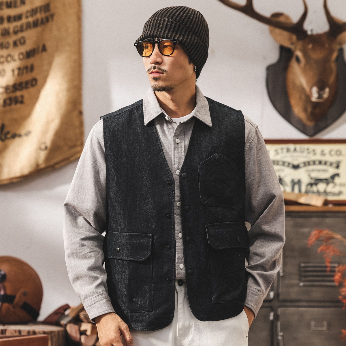 美式復古牛仔馬甲男春秋2025新款寬鬆紳士內搭背心工裝坎肩外套男