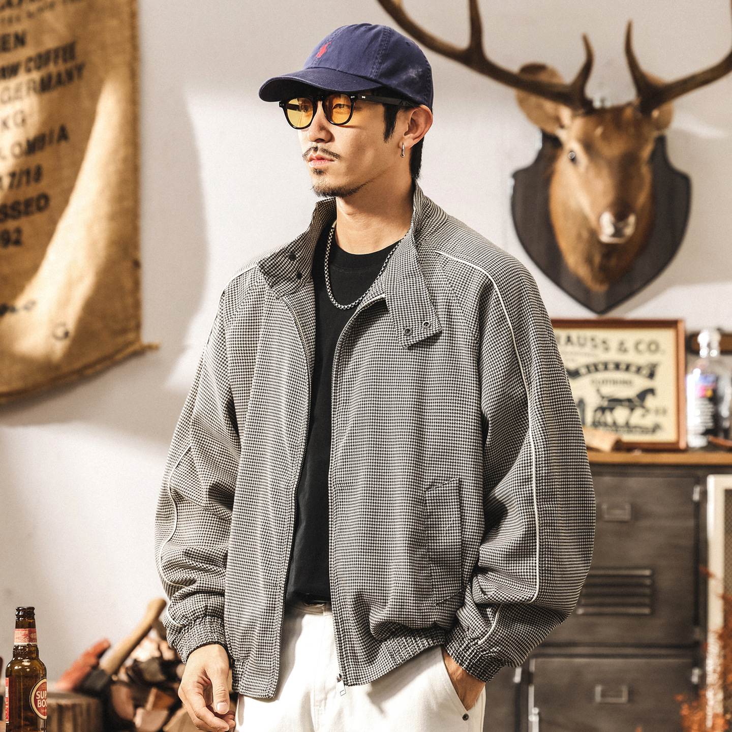 綿羊毛輕奢高端威爾士親王皇家千鳥格夾克男春秋潮牌雙扣短款外套