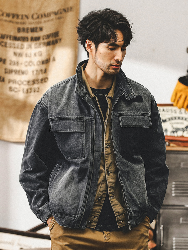 美式重磅複古牛仔外套男秋季2024新款潮牌水洗帥氣機車工裝夾克男