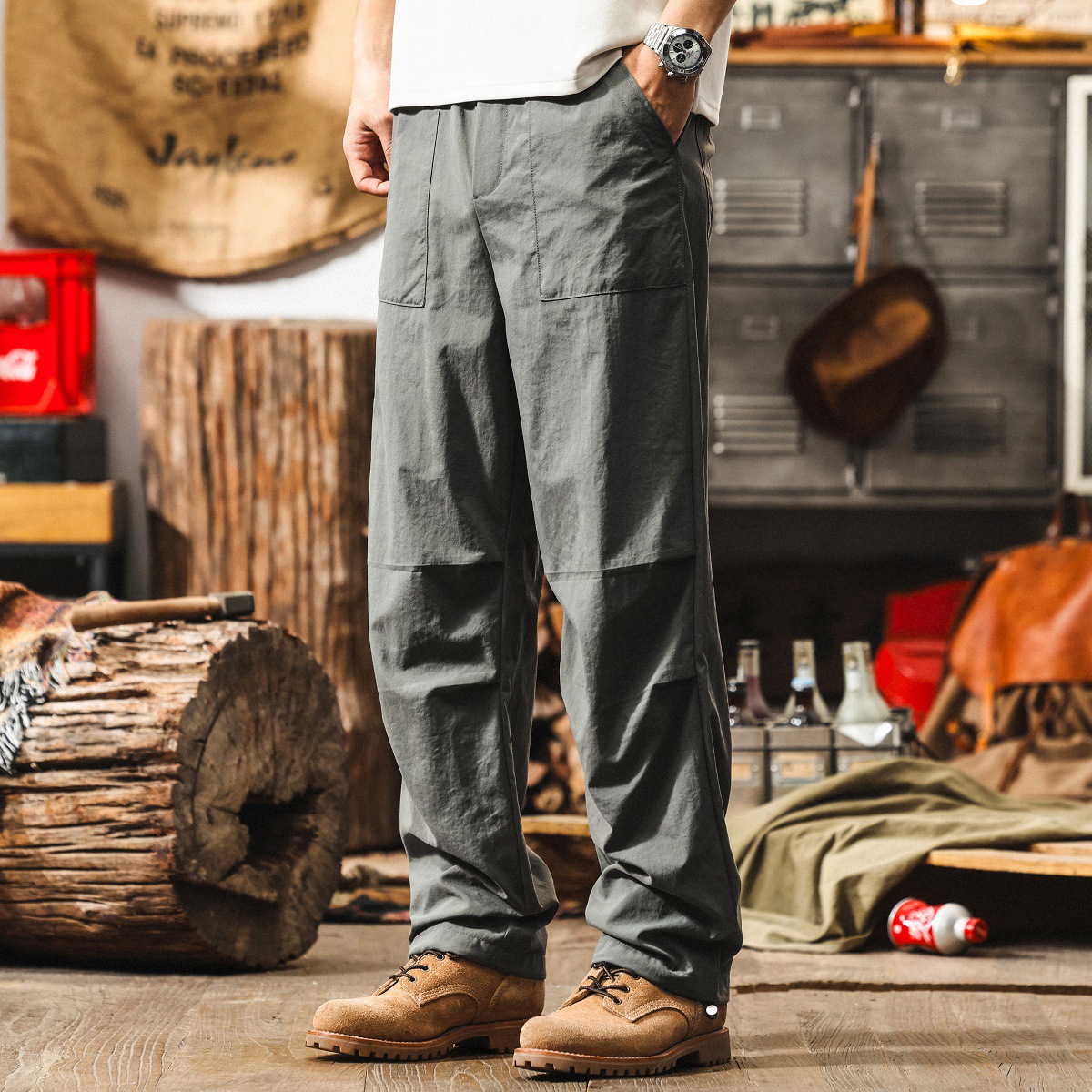 美式薄款杏色工裝傘兵褲男夏季寬鬆闊腿褲城市戶外通勤直筒休閒褲