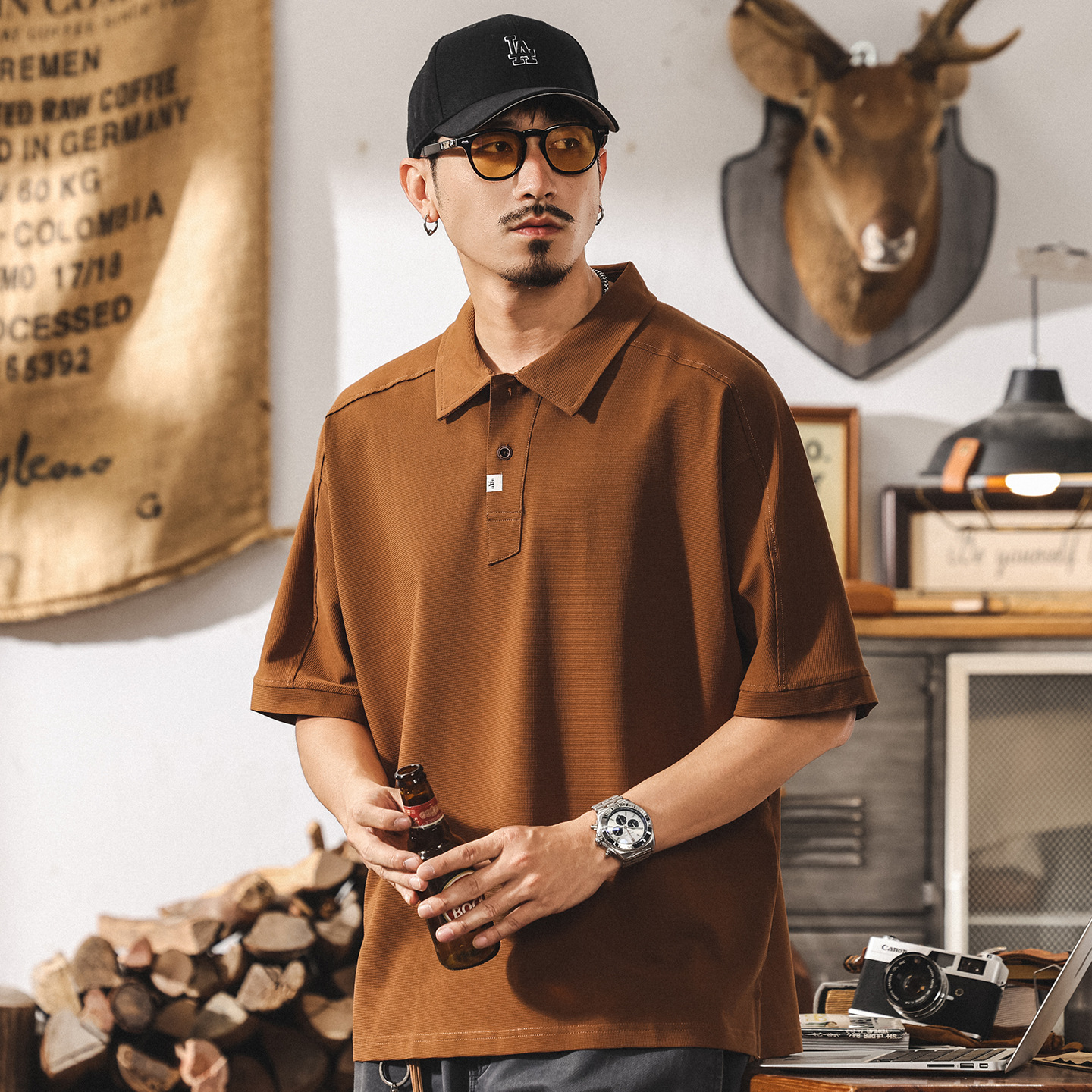 美式復古男士Polo衫短袖男夏季潮流新款寬鬆潮牌索羅娜涼感t恤男T