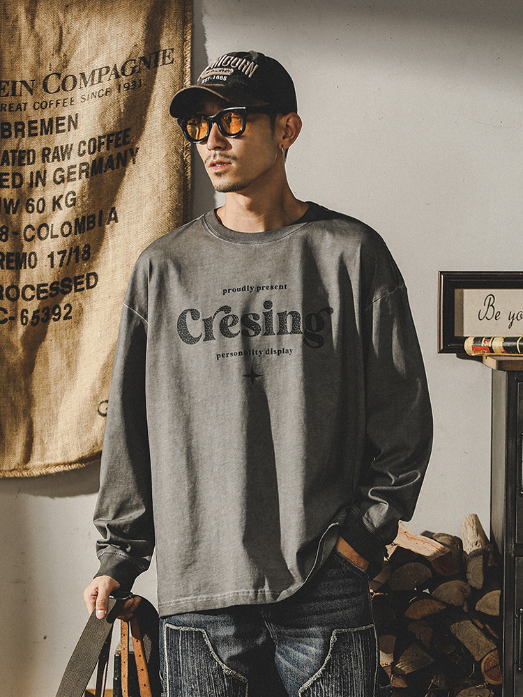 杰雷諾2024春季新款長袖T恤男美式重磅做舊上衣寬鬆打底衫男