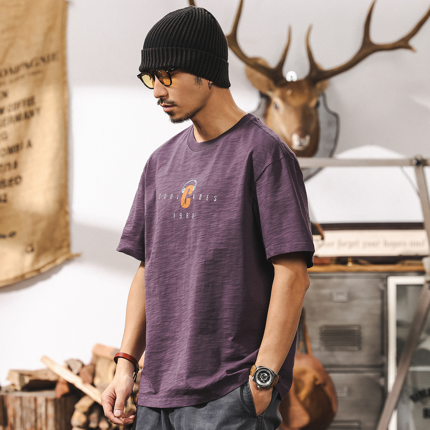 美式重磅竹節棉男T恤短袖夏季2025新款潮牌寬鬆日系復古半袖T衣服