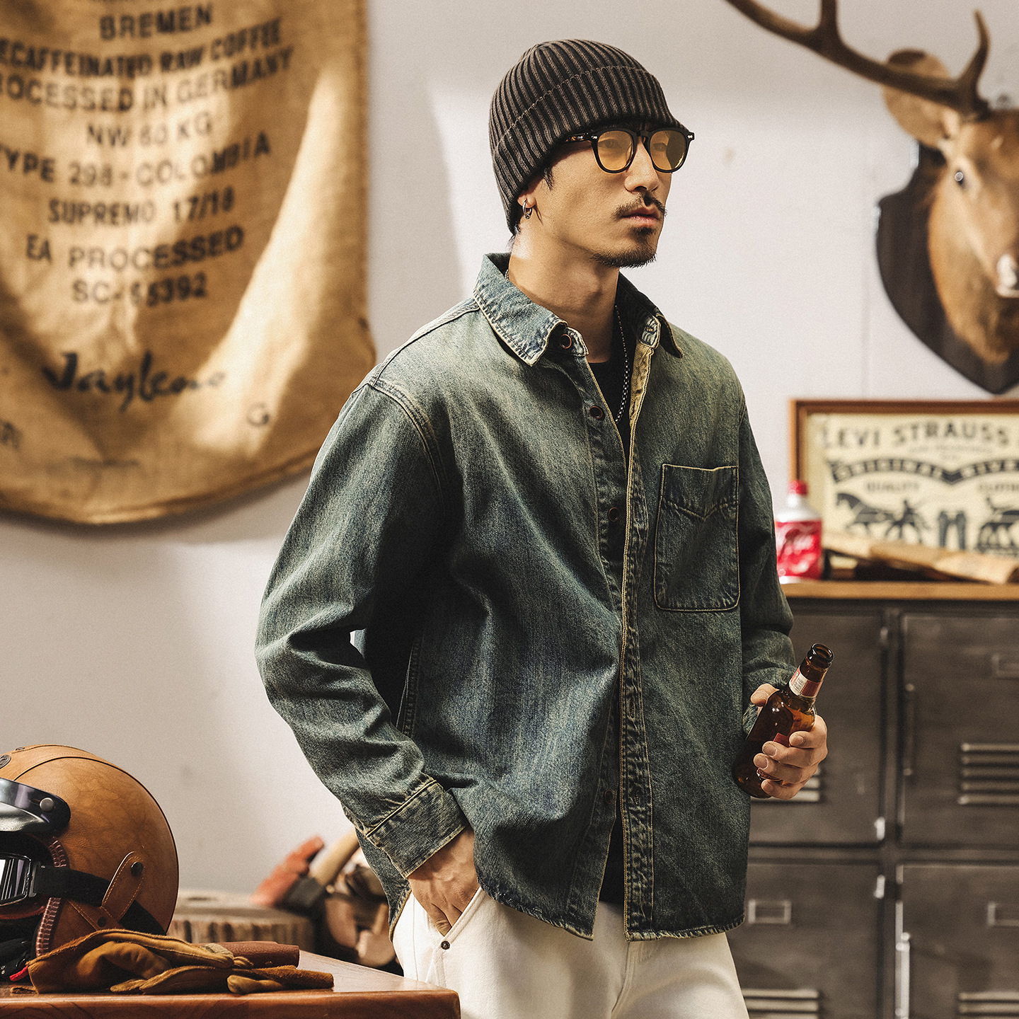 美式懷舊復古水洗牛仔襯衫男秋季新款潮流長袖襯衣男春秋寬鬆外套