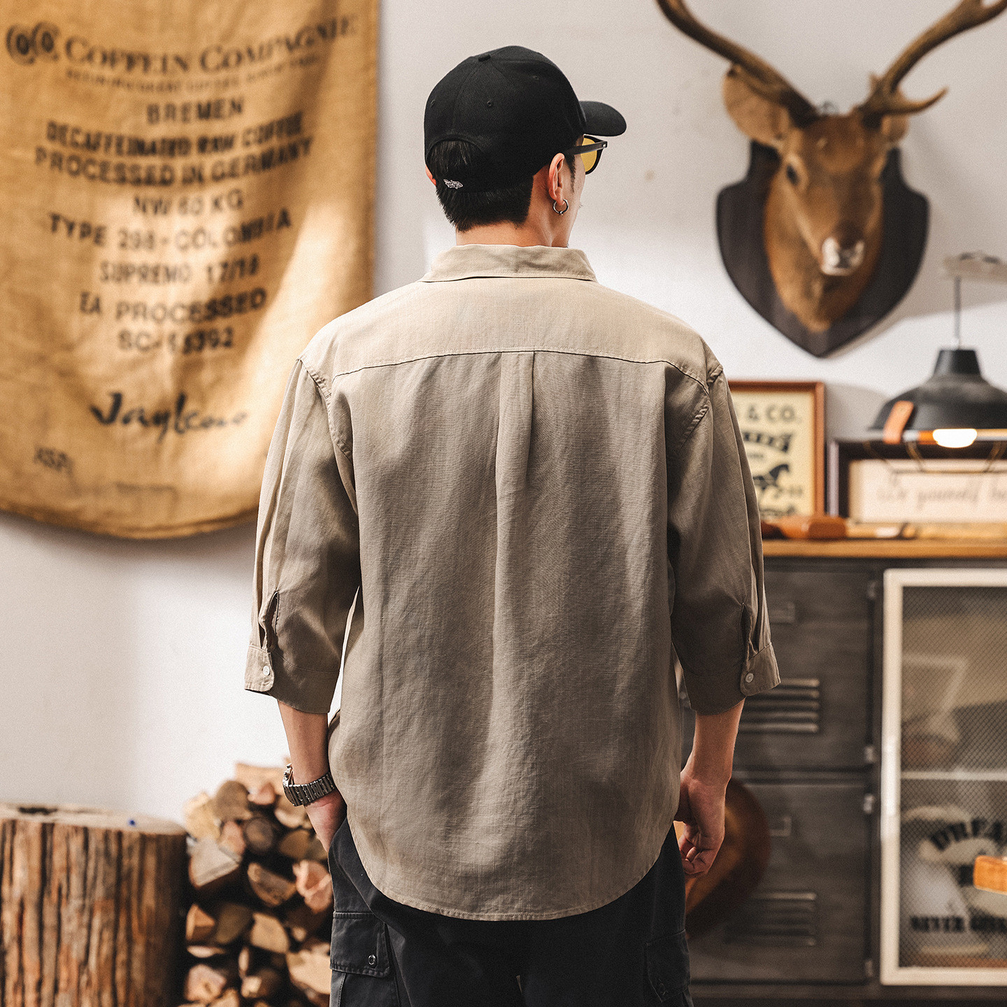 夏季新款中式國風亞麻襯衫男士短袖萊賽爾天絲薄款七分袖男士襯衣