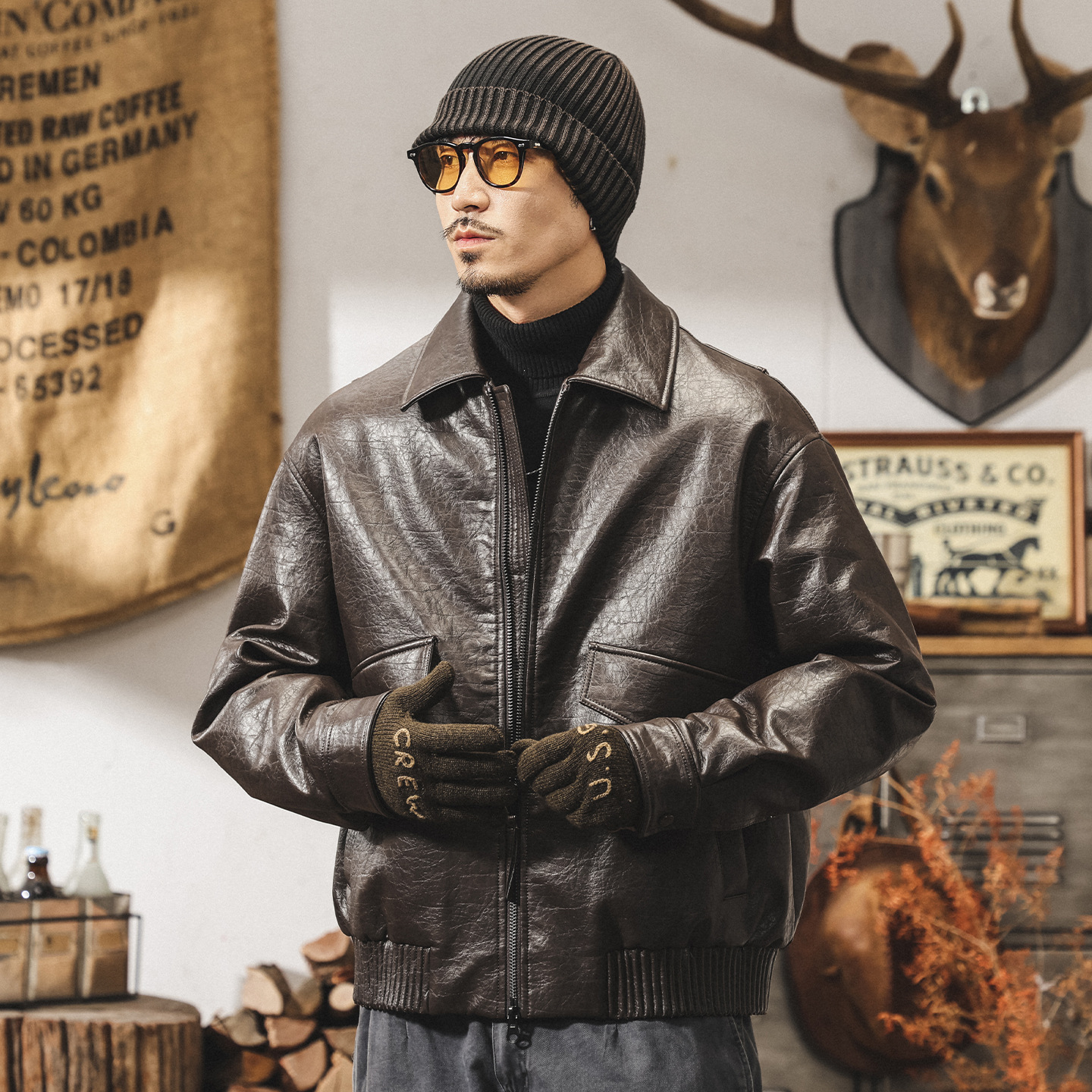 美式復古90%鴨絨加厚羽絨服男冬季加厚保暖潮流帥氣機車皮衣外套