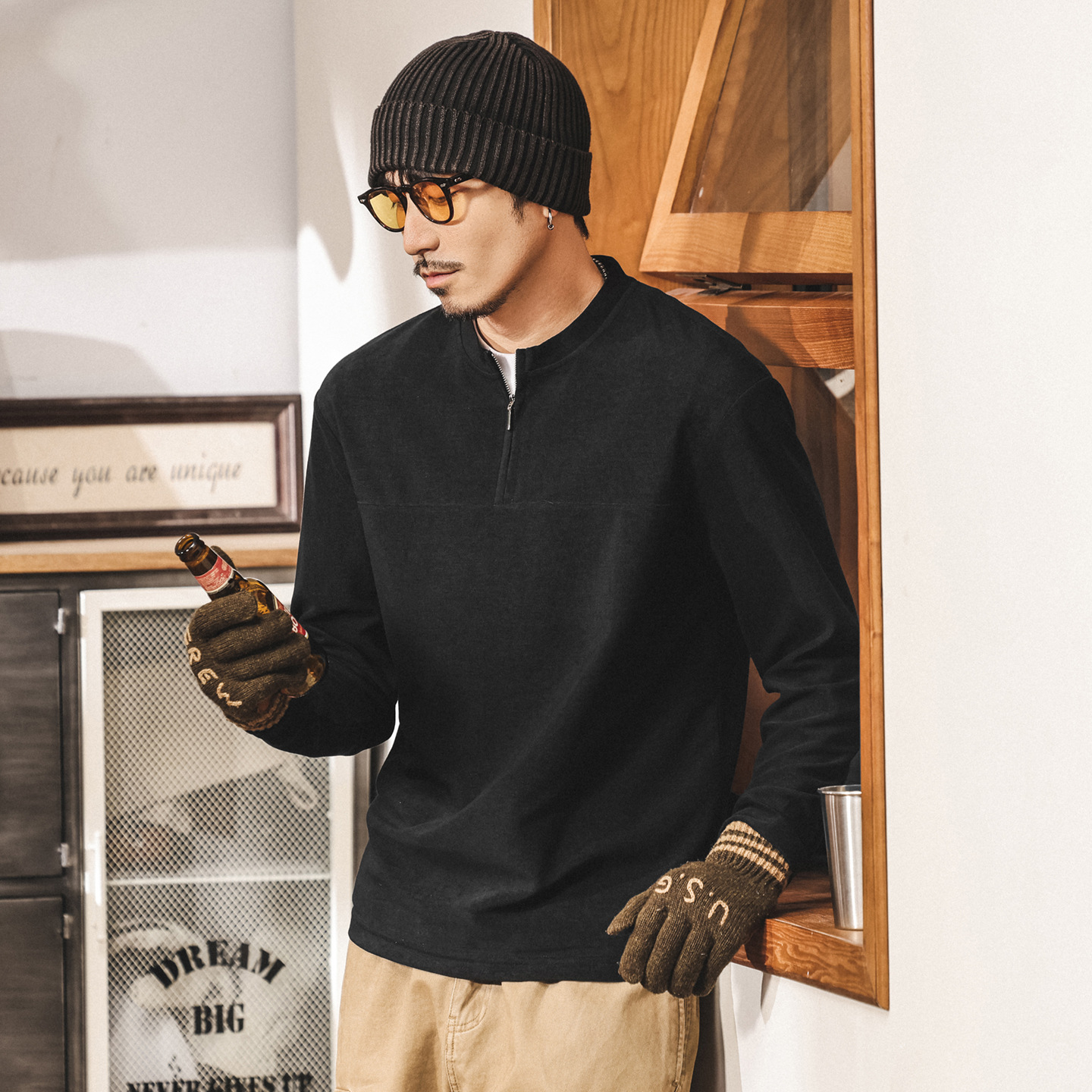 美式復古半拉鍊男士polo衫長袖男秋季320g重磅T恤男寬鬆休閒上衣