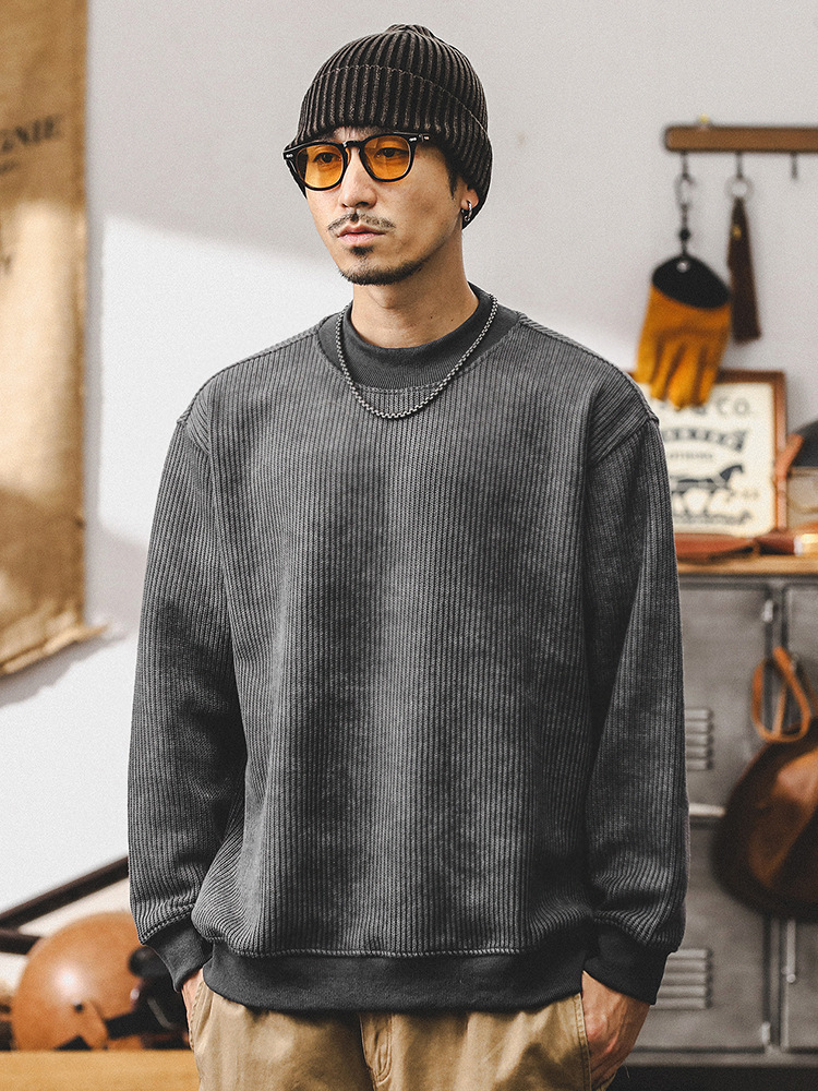 美式重磅針織肌理感衛衣男秋季寬松潮牌複古暈染圓領休閑上衣男款