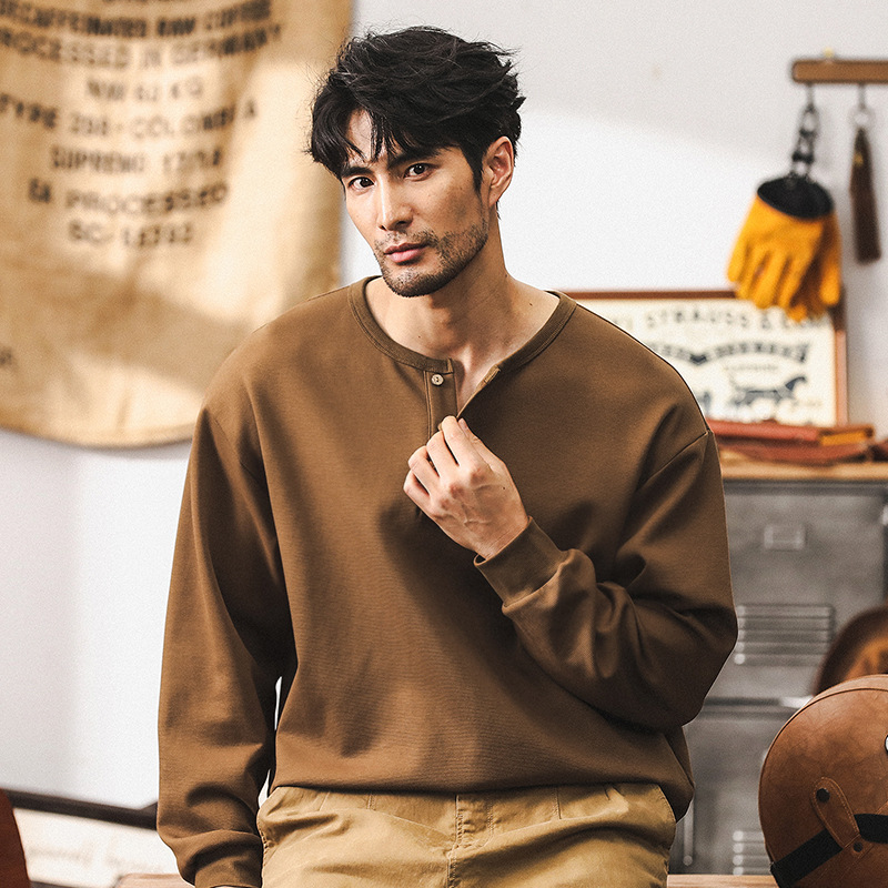 美式復古330g重磅T恤男長袖秋季潮牌2024新款硬漢亨利領polo衫男T