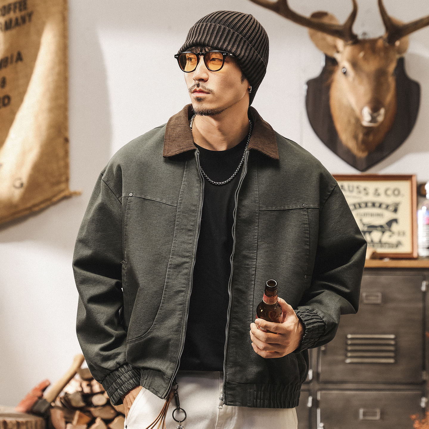 美式復古霜感巴恩風外套男春秋潮牌寬鬆硬漢工裝夾克男士秋季新款