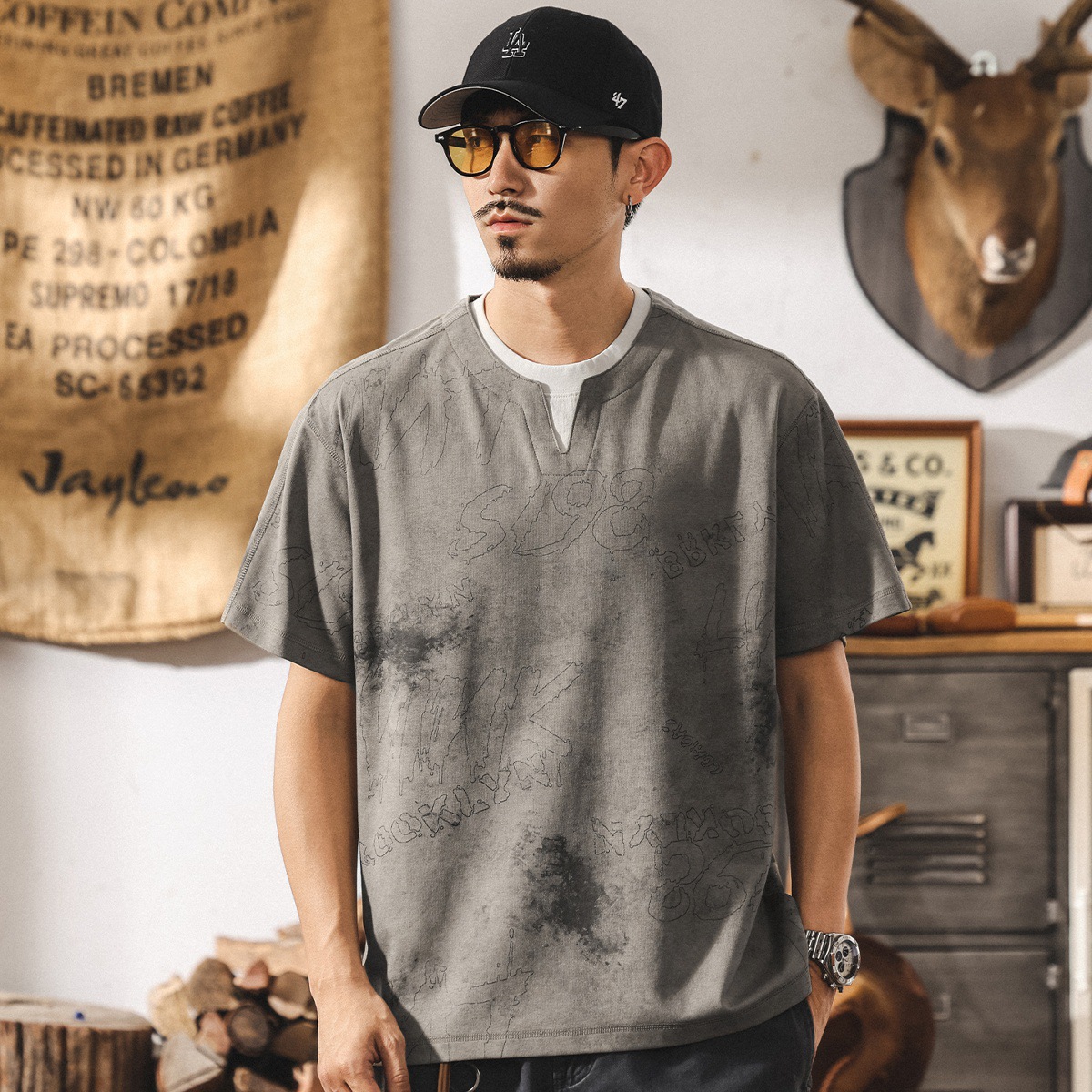 美式復古假兩件T恤男士短袖夏季新款潮牌扎染雙層領寬鬆休閒上衣T