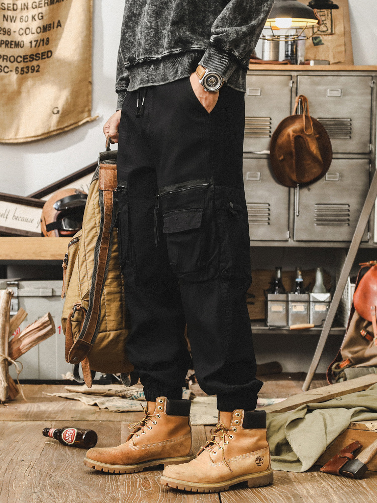 美式複古卡其色工裝褲子男秋季寬松休閑長褲潮牌多口袋男士束腳褲