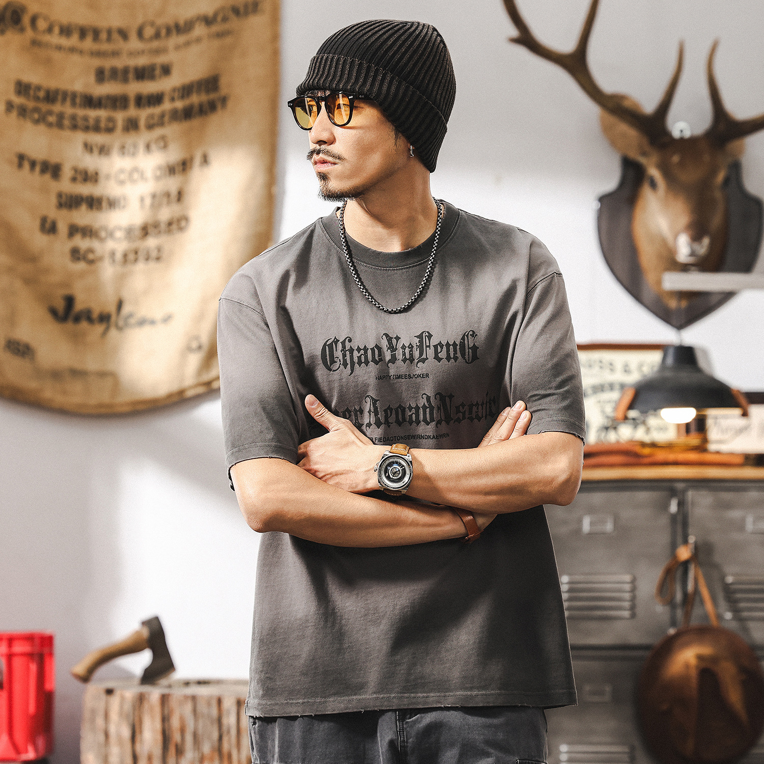 潮牌設計感短袖美式高街印花T恤男2025新款夏季男士寬鬆體恤上衣